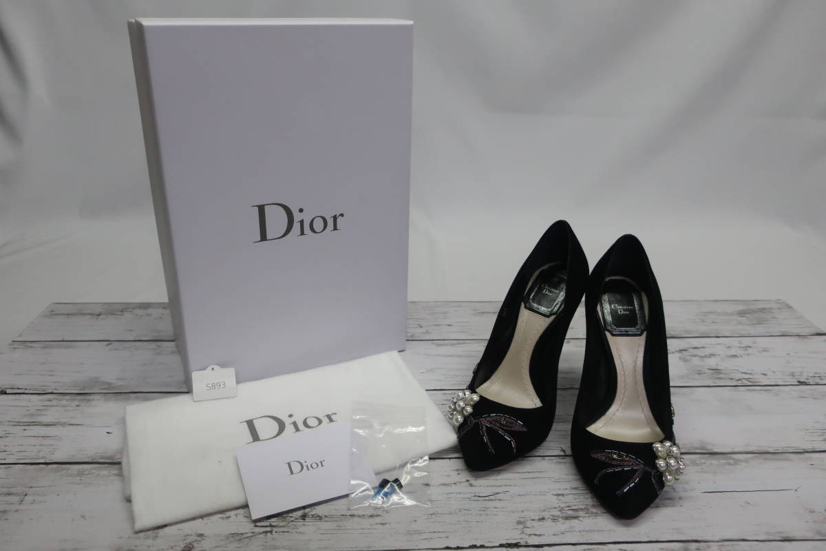 ★同梱不可【S送900円】　893　Christian Dior　クリスチャンディオール　パンプス　スエード　ピンヒール　パール　ビーズ　黒　34 1/2D_画像1