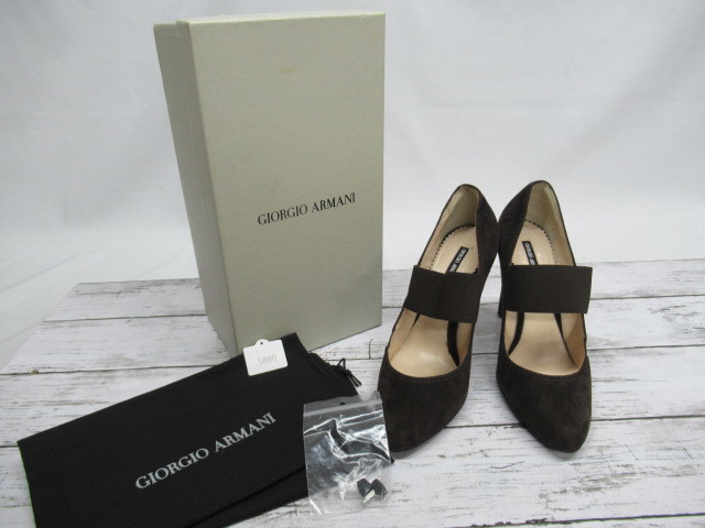 ☆同梱不可【S送900円】　880　GIORGIO ARMANI　ジョルジオアルマーニ　ヒールパンプス　スエード　ポインテッドトゥ　茶　36　_画像1