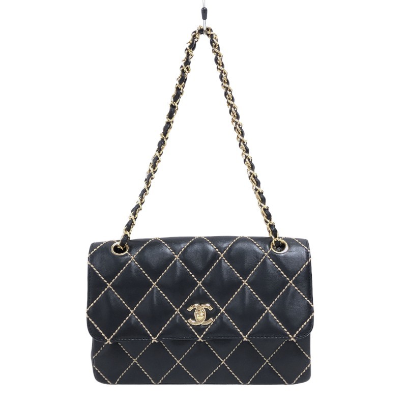 シャネル CHANEL ワイルドステッチ チェーンショルダー A14687 ブラック ゴールド金具 レザー ショルダーバッグ レディース 中古