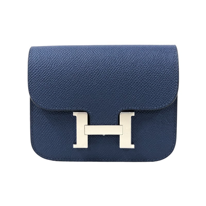  Hermes HERMES navy blue Stan s slim B. blue safi-ru silver metal fittings vo- Epson folding twice purse lady's used 