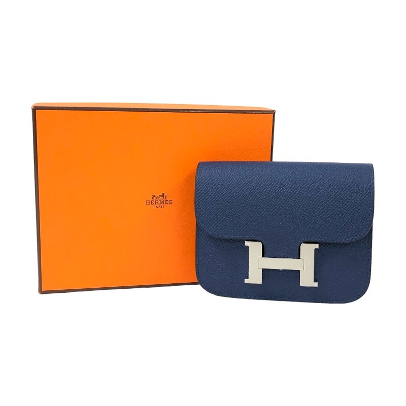  Hermes HERMES navy blue Stan s slim B. blue safi-ru silver metal fittings vo- Epson folding twice purse lady's used 