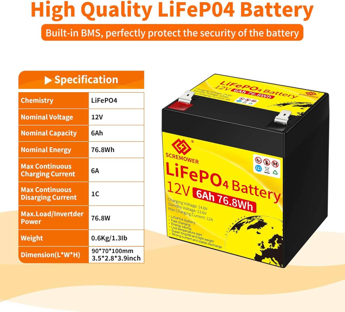 12V 6Ah LiFePO4 リチウム鉄バッテリー ディープサイクルバッテリー、内蔵 BMS、2000 サイクル以上_画像7
