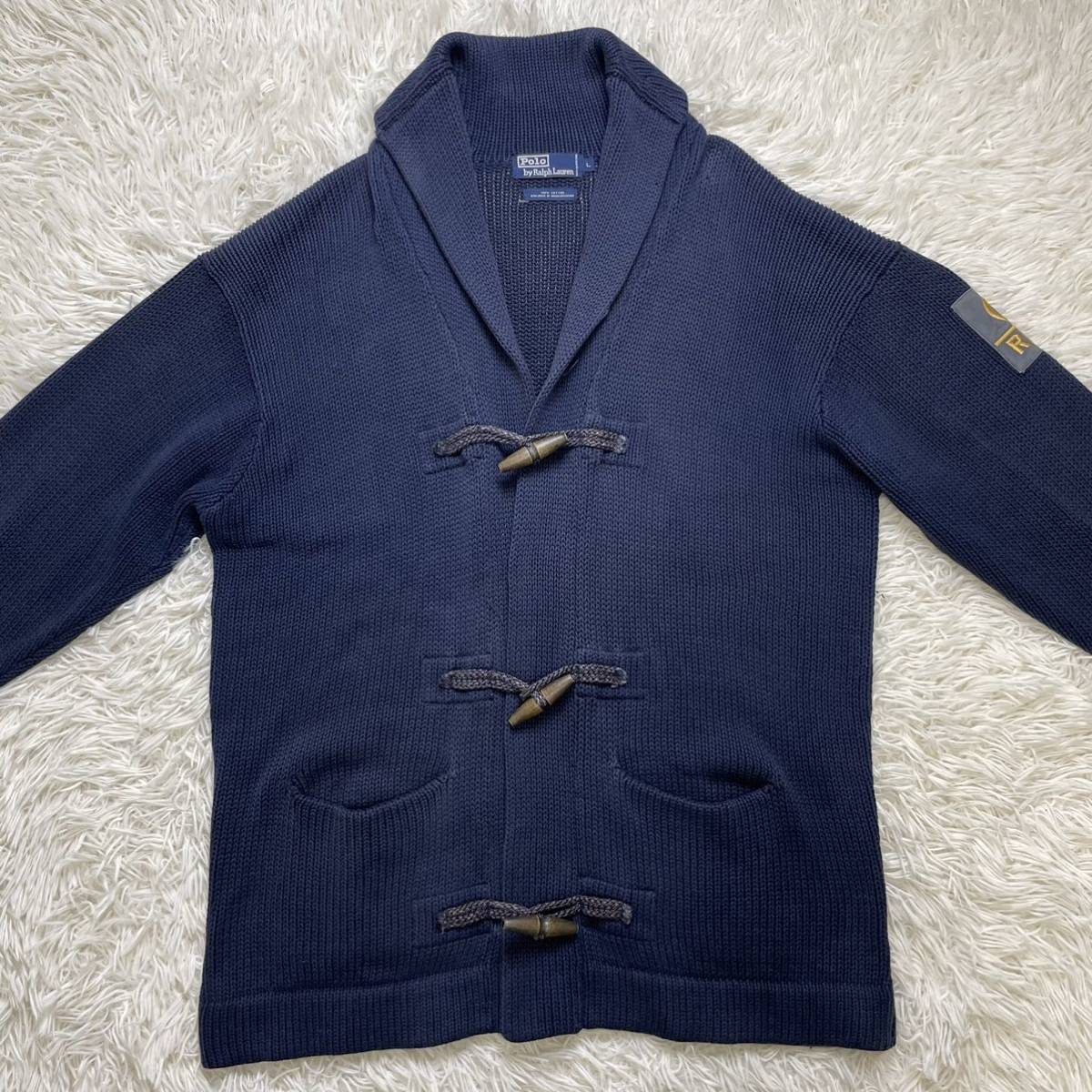 超希少XL相当 90s Polo by Ralph Lauren RL-93 ポロ バイ ラルフローレン ショールカラー ニット トグル カーディガン ダッフル ネイビー _画像2