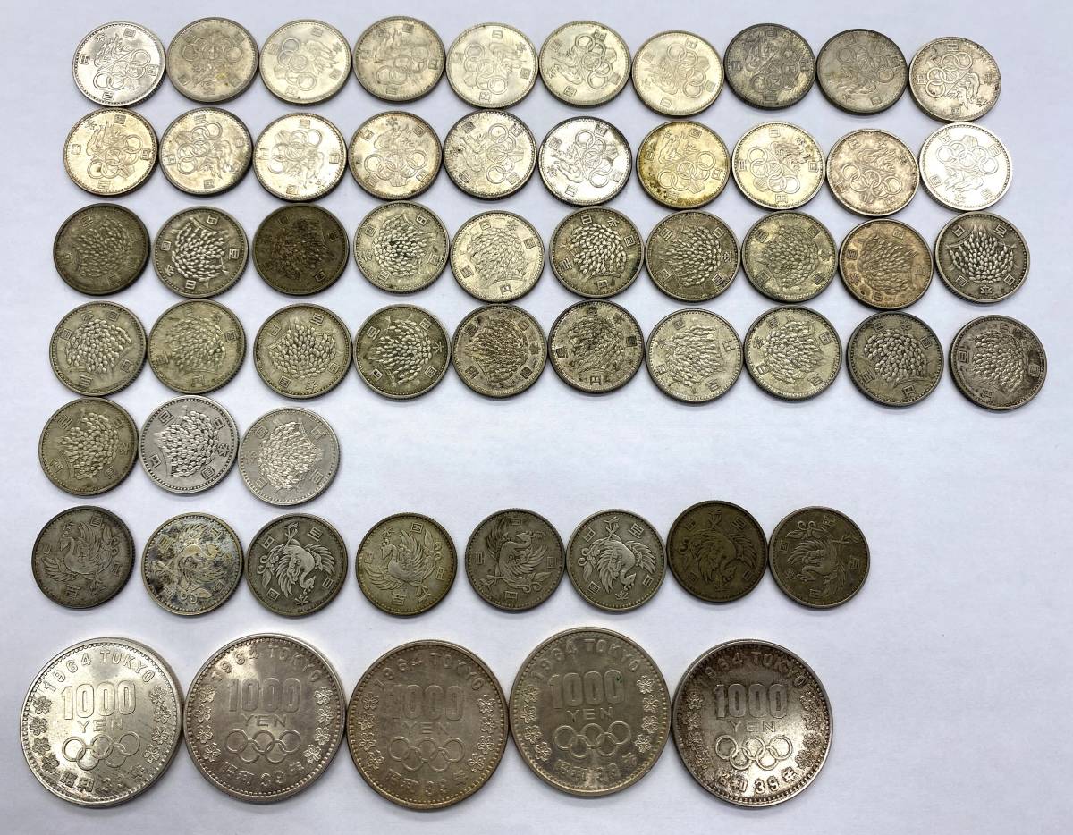 #1362【1円スタート】銀貨おまとめ　100円銀貨 オリンピック20枚 稲穂23枚 鳳凰8枚 1000円銀貨5枚 額面合計10,100円 総重量345g 現状品_画像1