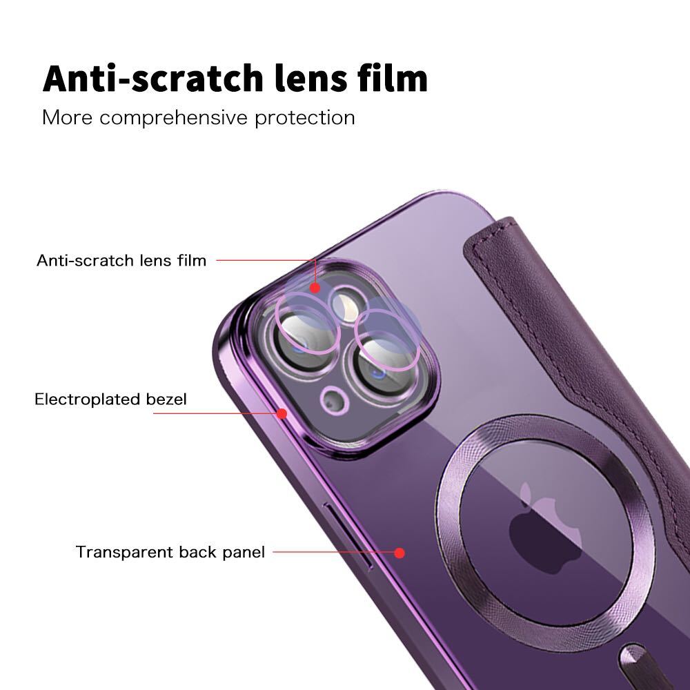 iPhone 15 leather case iPhone 15 clear case iPhone15 cover transparent card storage MagSafe charge notebook type purple 