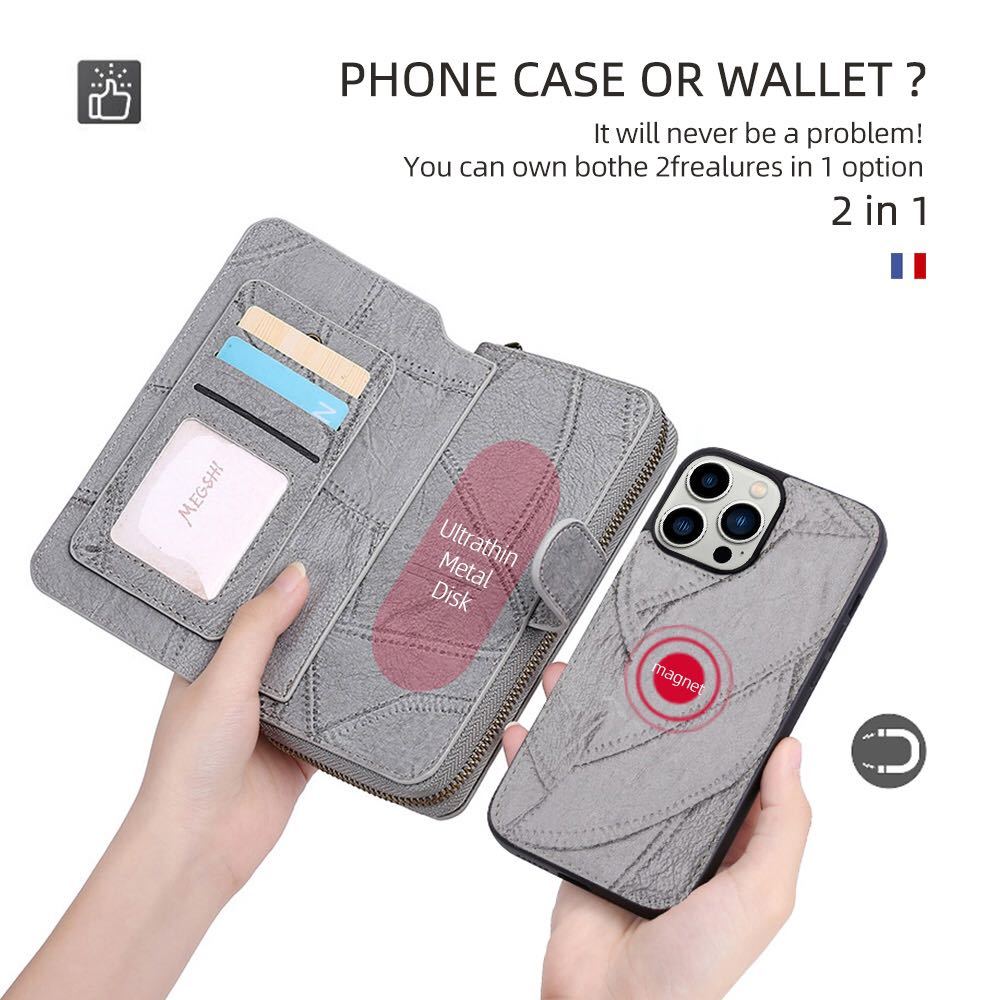 iPhone 15 pro レザーケース アイフォン15 プロ ケース iPhone15 Pro カバー 手帳型 お財布付き カード収納 ストラップ付き グレー_画像2