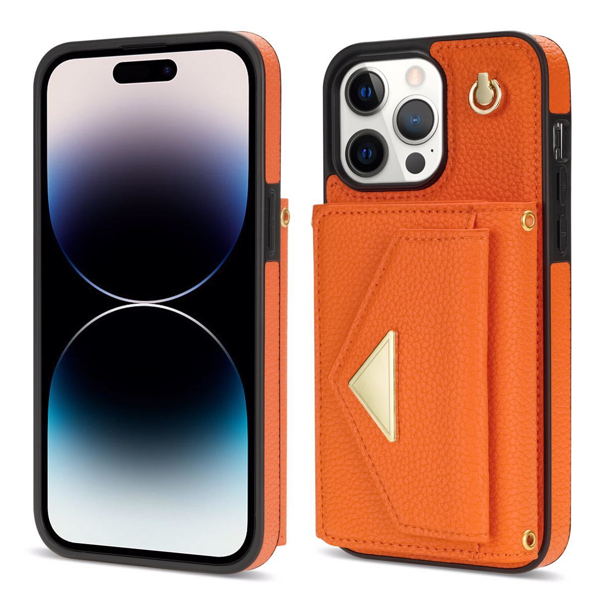 iPhone 15 pro レザーケース アイフォン15 プロ ショルダーケース iPhone15 pro カバー カード収納 ストラップ付き 肩掛け オレンジ