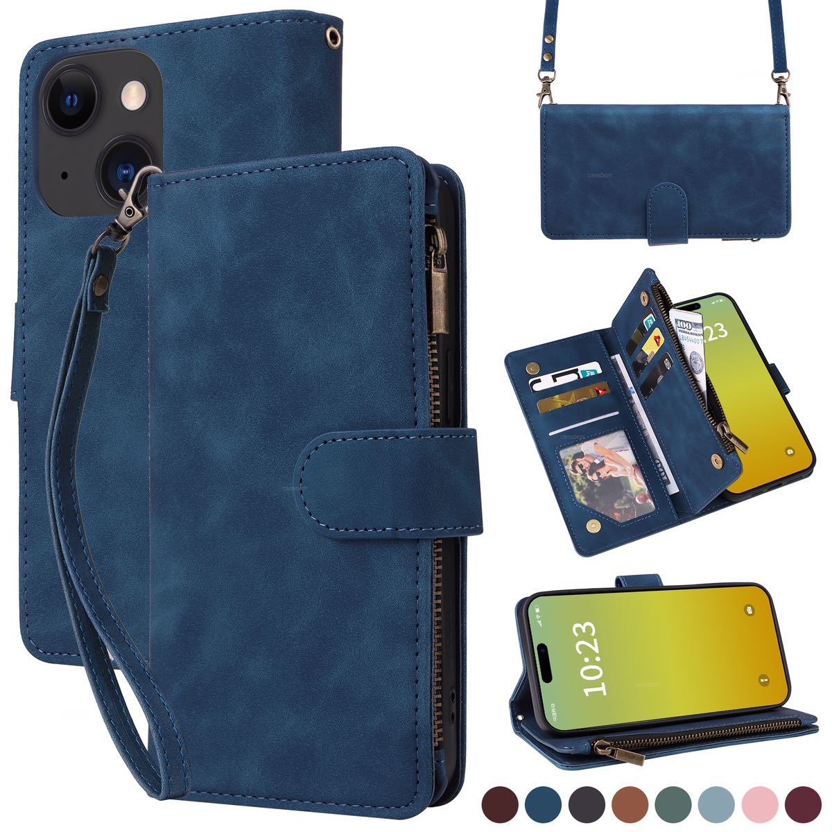 iPhone 15 ショルダーケース iPhone15 カバー アイフォン15 レザーケース 手帳型 カード収納 斜め掛け 肩掛け お財布付き ブルー