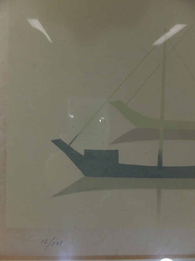 真作保証】 坂本繁二郎 木版画 泊船暁光 1956年 12/135 真作保証】 坂本繁二郎 木版画 泊船暁光 1956年 12/135