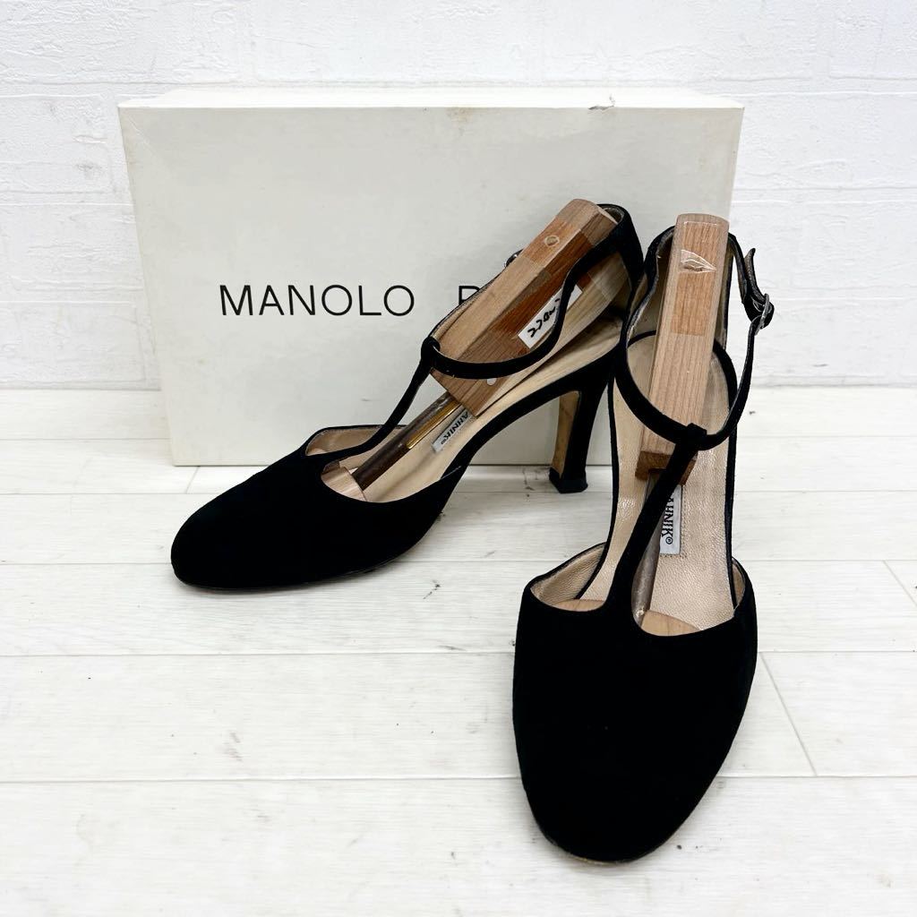 1298◎ イタリア製 MANOLO BLAHNIK マノロ ブラニク 靴 パンプス ストラップ ハイ ヒール ブラック レディース37_画像1