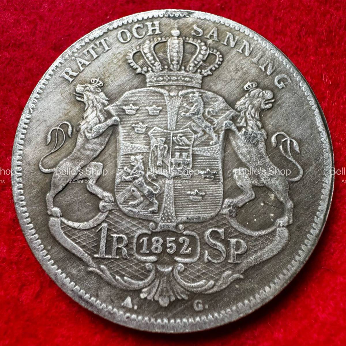 スウェーデン　硬貨　オスカー一世　1852年　ライオン　スウェーデン国章　1 リックスダラ　コイン　古銭_画像1