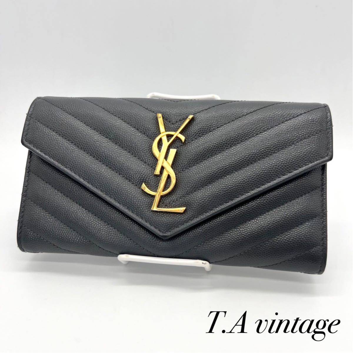 美品　サンローラン　パリ　YSL Vステッチ　長財布　グレー_画像1