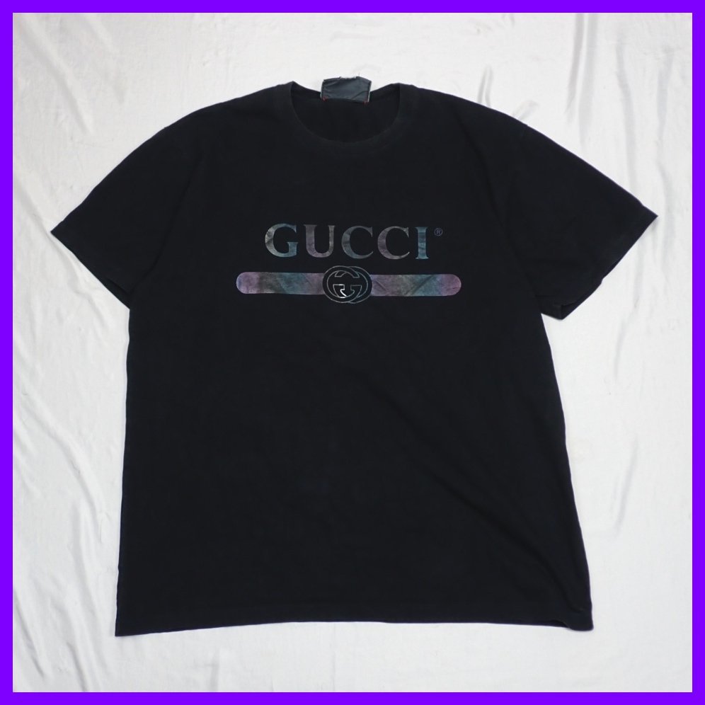 ★GUCCI/グッチ 半袖Tシャツ メンズL/ブラック/ロゴプリント/コットン100%/クルーネック&1784500035_画像1