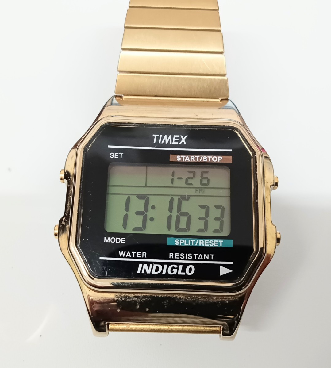 ■作動良好 TIMEX タイメックス CR2016 CELL クラシックデジタル INDIGLO メンズ腕時計 ゴールド金 お洒落 クォーツ◆_画像1