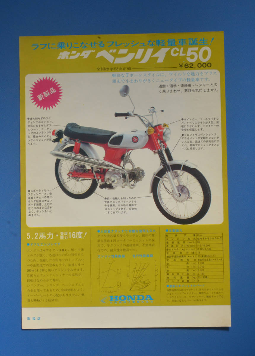 【H1960-11】ホンダ　ベンリー　CL50　HONDA　BENRY　CL50　1967年　カタログ　5.2PSモデル　年代の割には美品_画像1