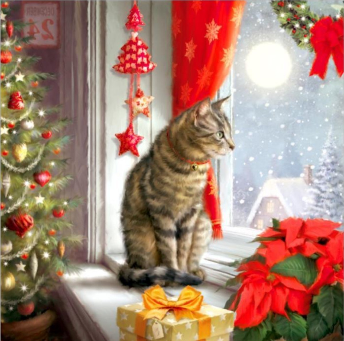 ダイヤモンドアート キット クリスマス 窓辺の猫 ポインセチア ダイアモンドアート ビーズ刺繍キット 初心者 ダイヤモンドペインティング