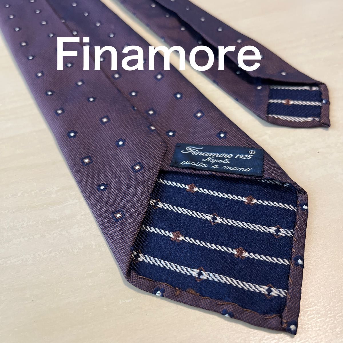 【美品】Finamore ブラウン　ネイビー小紋　セッテピエゲ　ネクタイ