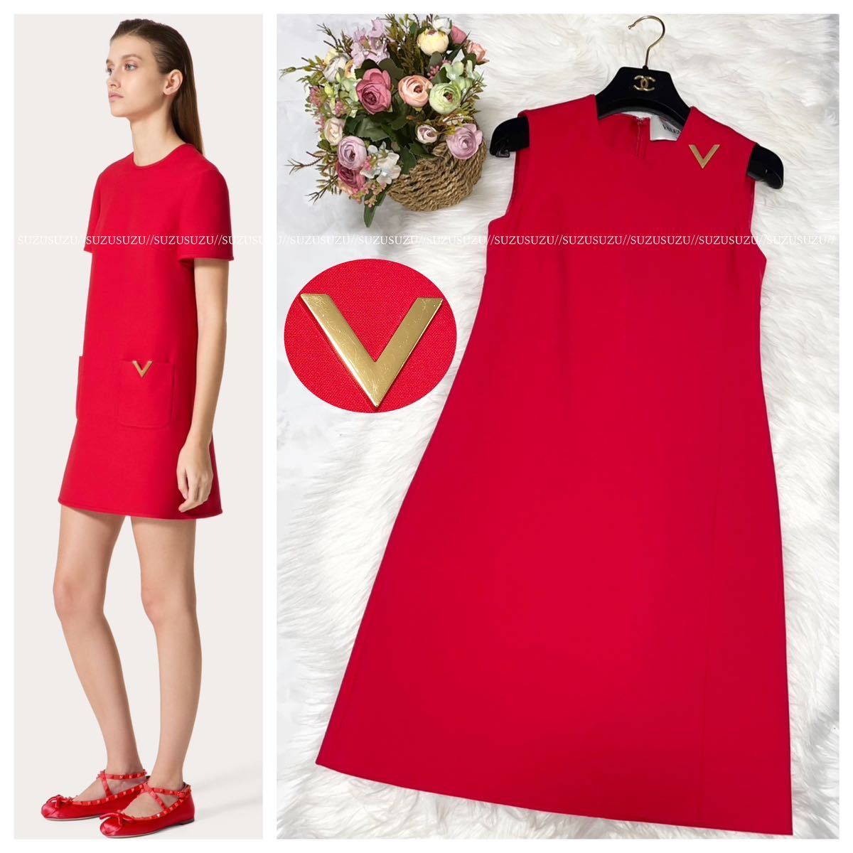 本物 極美品 ヴァレンティノ 最高級ライン Vロゴ 装飾 ノースリーブ ワンピース ドレス 40 レッド 赤 VALENTINO ヴァレンチノ バレンチノ