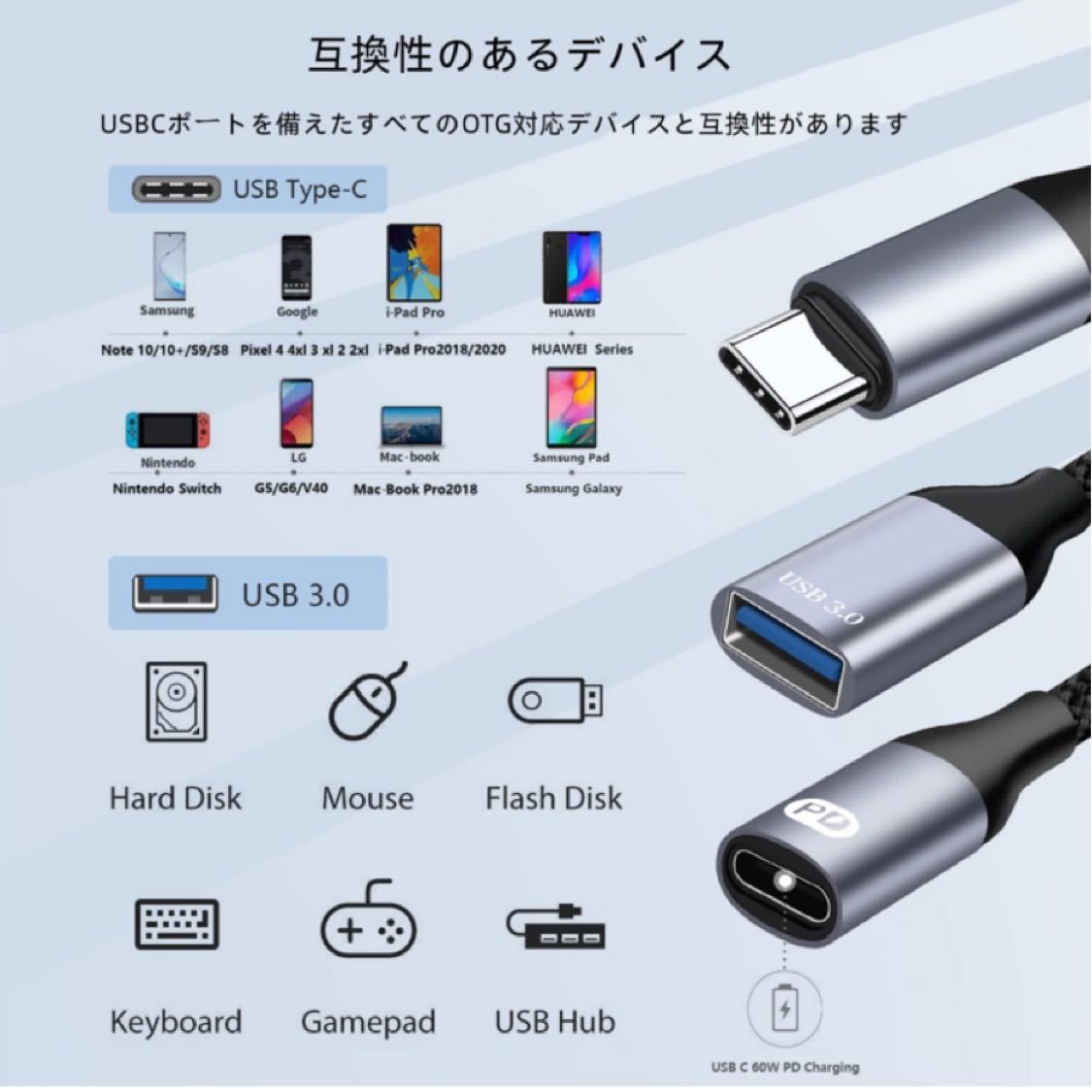 USB C 変換 アダプタ タイプc usb 変換 PD急速充電+USB3.0変換 OTG機能 カメラカードリーダー/写真/【グレー】_画像3