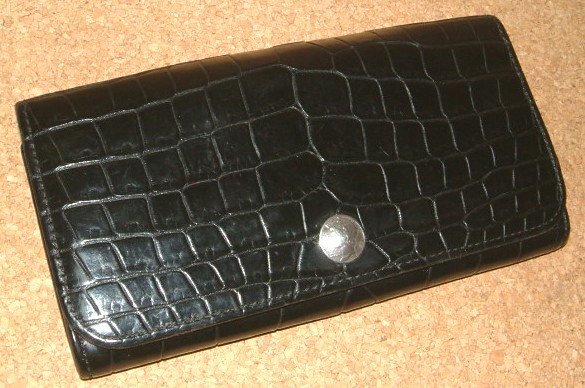 USED ファニー FUNNY 最高級 ポロサス クロコダイル 皮革製 ビンテージコイン コンチョ付き トライフォード ロング ウォレット (黒) 長財布