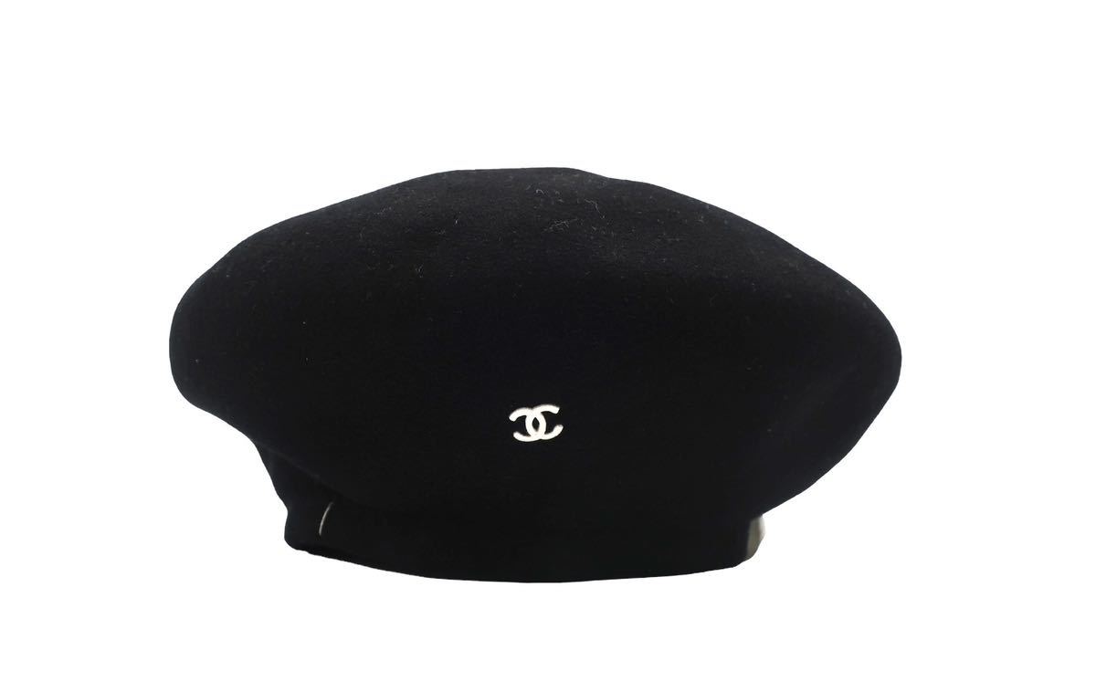 CHANEL シャネル ベレー帽 帽子 98P ココマーク ブラック ホワイト ウール 57【中古】_画像1