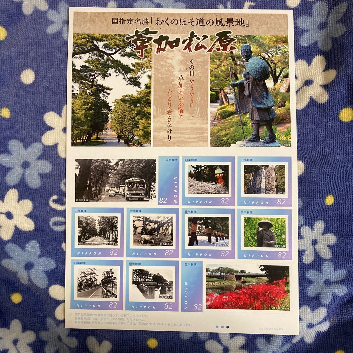 切手 フレーム 草加松原 「おくのほそ道の風景地」 国指定名勝 望楼と桜 百代橋 松のこも巻き 河合曽良像 彼岸花と綾瀬川 82円×10枚 送120_画像1