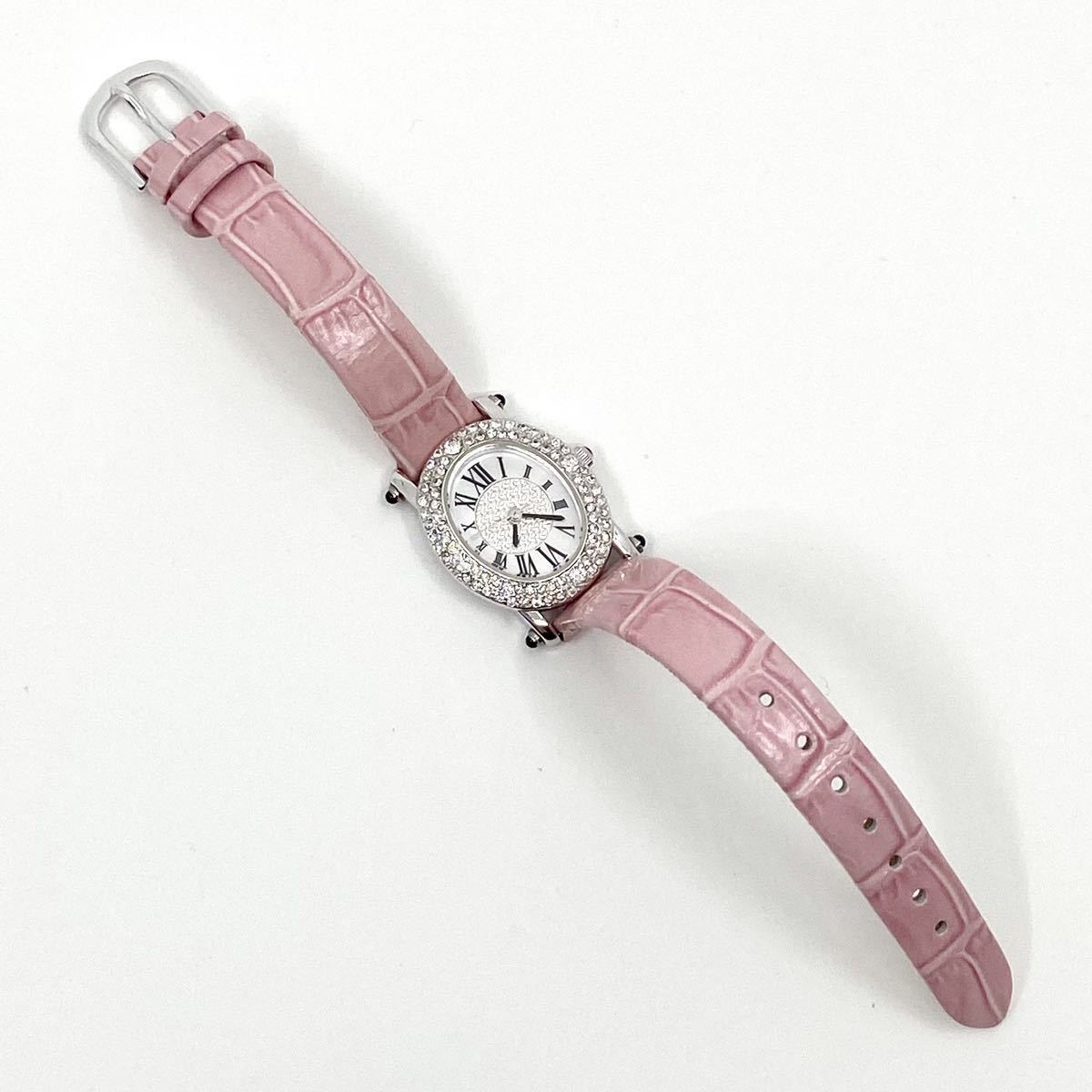 HARDY AMIES 腕時計 ストーンベゼル シェル オーバル ローマン 3針 クォーツ quartz シルバー ピンク レザーベルト ハーディエイミス D103の画像6
