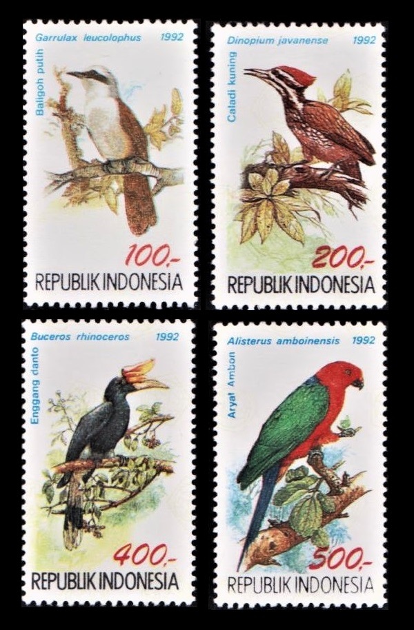 ee321y3-2i　インドネシア1992年　ハクオウチョウなど鳥・4枚完　MNH_画像1