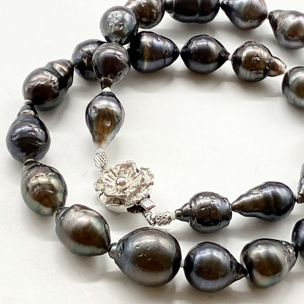 ［南洋黒蝶ネックレス］J 重量約52.4g 約10-13mm珠 パール pearl necklace jewelry accessory silver シルバー バロック EA2/EA5_画像1