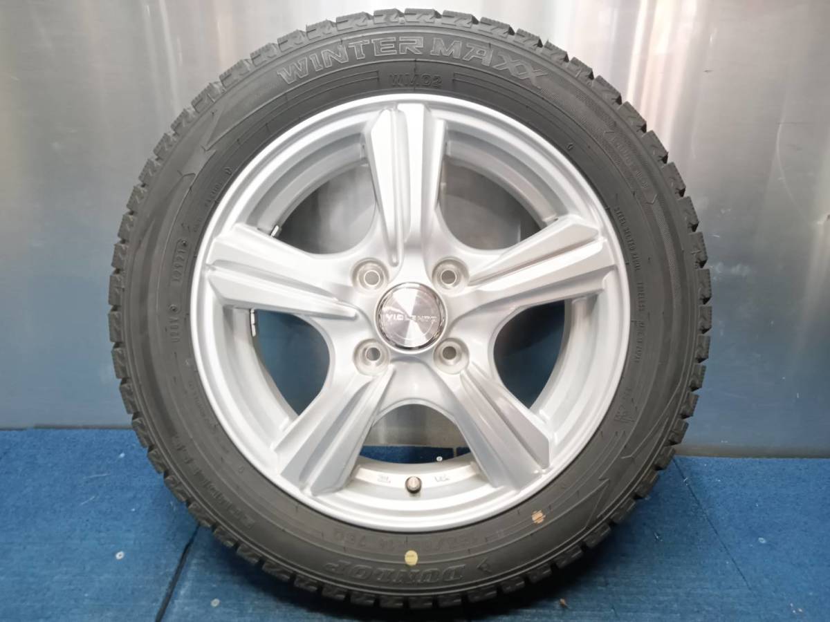 ★9.5分山★21年製★ ダンロップ WM02 155/65R14　社外ホイール 14×4.5J +45 4H-100 4本セット スタッドレス 軽自動車等　A1424_画像3