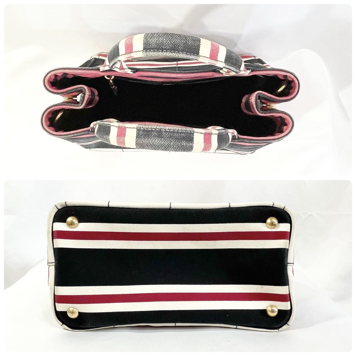 【美品】 正規品 PRADA プラダ ハンドバッグ 2way カナパ CANAPA ボーダー 赤 黒 白 鞄 かばん ショルダーバッグ キャンバス カード付き