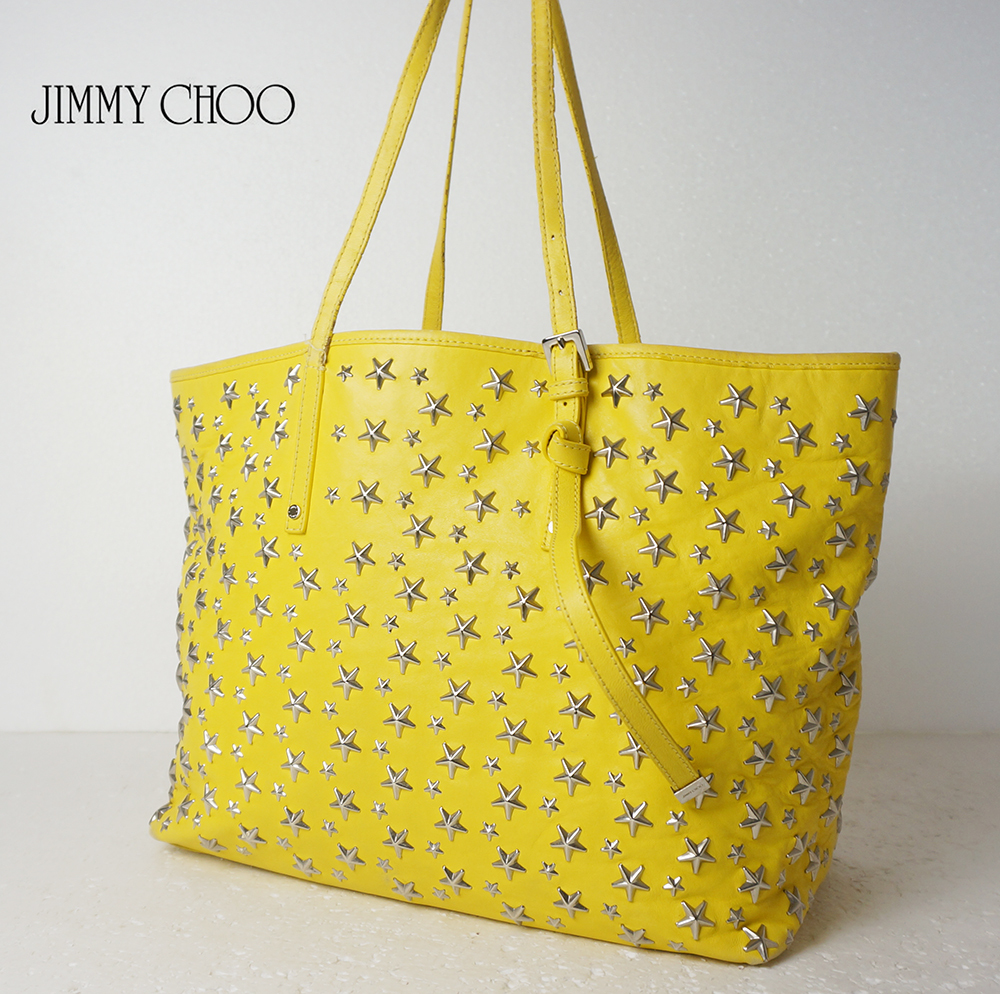 JIMMY CHOO ジミーチュウ レザー スタッズ トート ハンドバッグ イエロー 0601_画像1