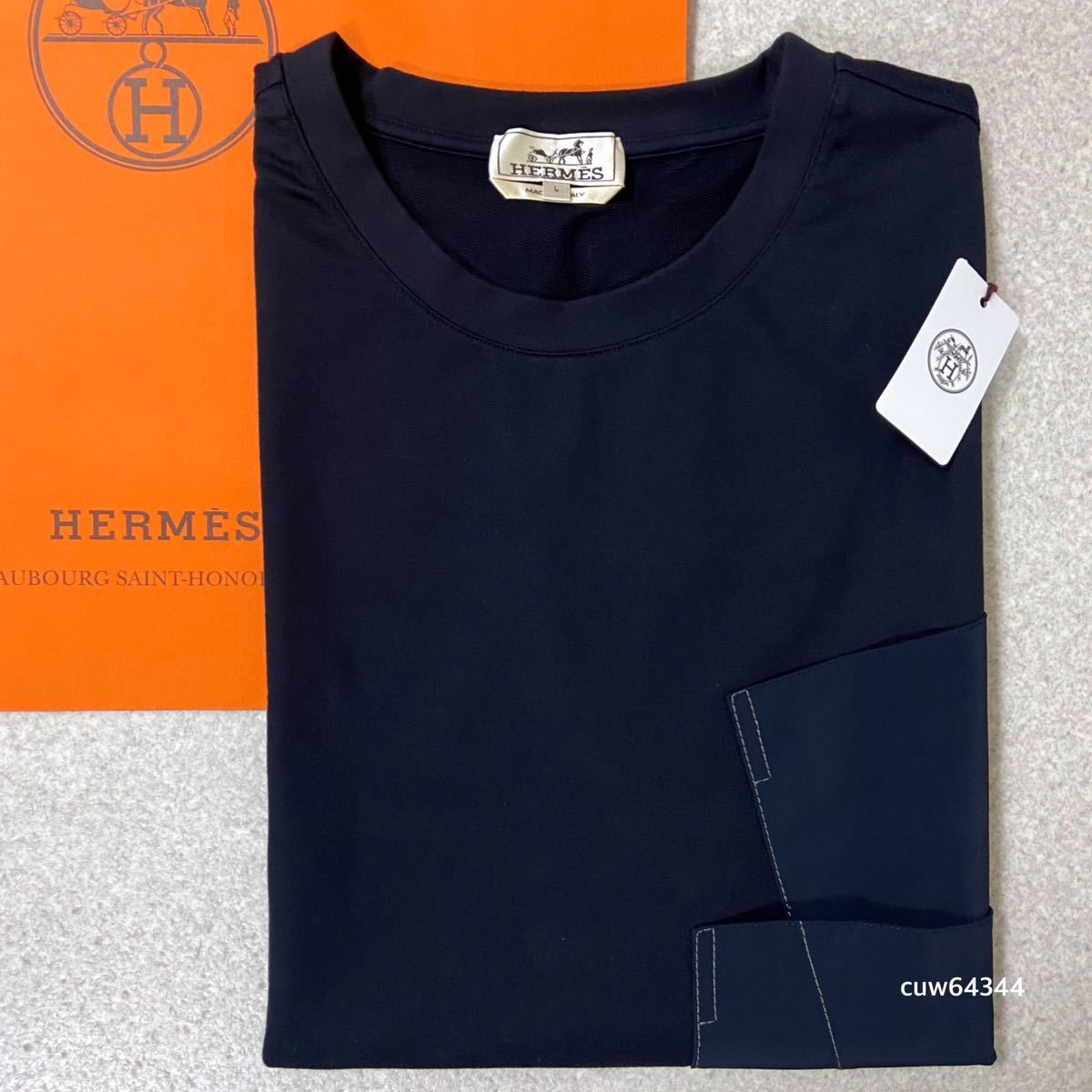 国内正規品 未使用同様 Lサイズ Hermes エルメス 異素材 ナイロン ダブルポケット コットン Tシャツ ダークネイビー ブランドタグ・BOXの画像1