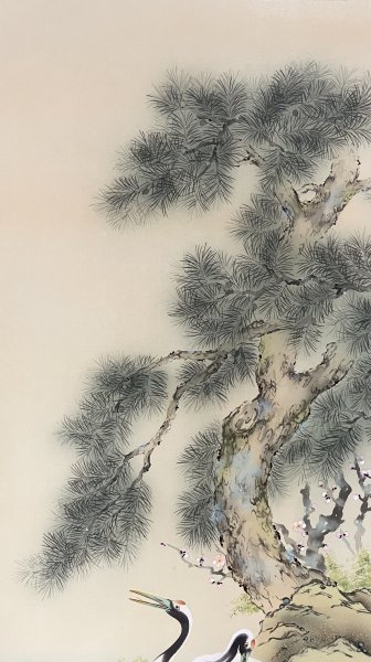 ［真作］滝山玉泉 作「松竹梅双鶴」絹本 花鳥図 鳥獣 金泥 日本画 絵画 日本美術 掛軸 共箱 H011502_画像5