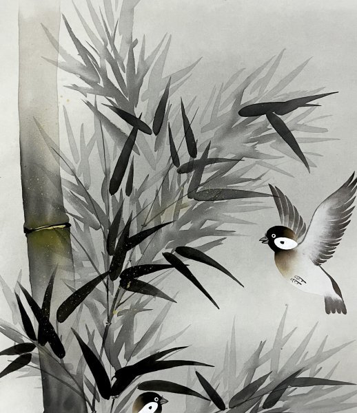 ［模写］翠雲「竹雀図」掛軸 絹本 花鳥図 鳥獣 金泥 日本画 日本美術 人が書いたもの C011624の画像7