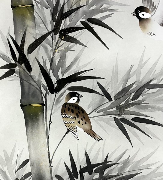 ［模写］翠雲「竹雀図」掛軸 絹本 花鳥図 鳥獣 金泥 日本画 日本美術 人が書いたもの C011624の画像9