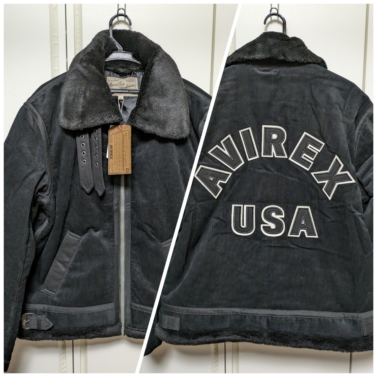 AVIREX USAロゴ/限定品メンズ2XL.XXL.3L/CORDUROY B-3 JACKET /コーデュロイ/783-3252074/ブラック黒色/ロゴ、ボア/フライトジャケット/B3