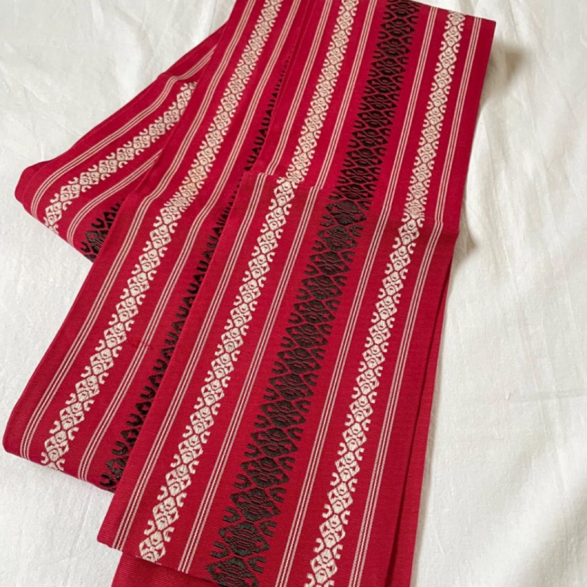 【未使用品】綿　小袋帯　博多織風　赤　和装小物　帯 献上柄 半幅帯