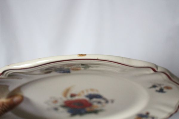 フランス アンティーク サルグミンヌ AGRESTE 古い陶器の大きな丸皿 矢車草のブーケの絵柄 美品_画像5