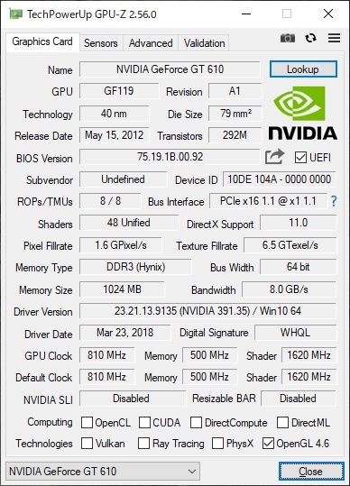 送料無料◆GeForce GT610 PCI Express X1 ロープロ　作動品_画像6