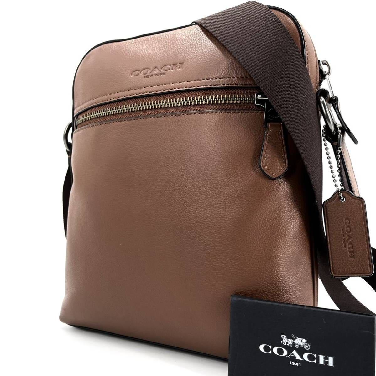 1円《 定価8万・極美品 》COACH コーチ ヒューストン ショルダーバッグ ビジネス メンズ レザー ブラウン 斜め掛け クロスボディ スクエア_画像1