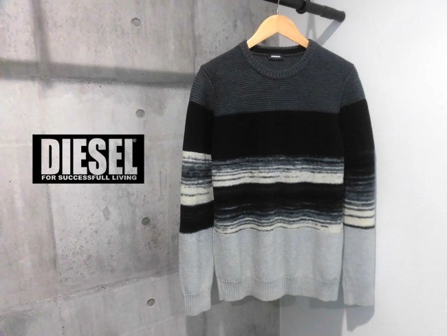 DIESEL ディーゼル ボーダー ウールニット セーターL/メンズ/グレー 黒 白_画像1