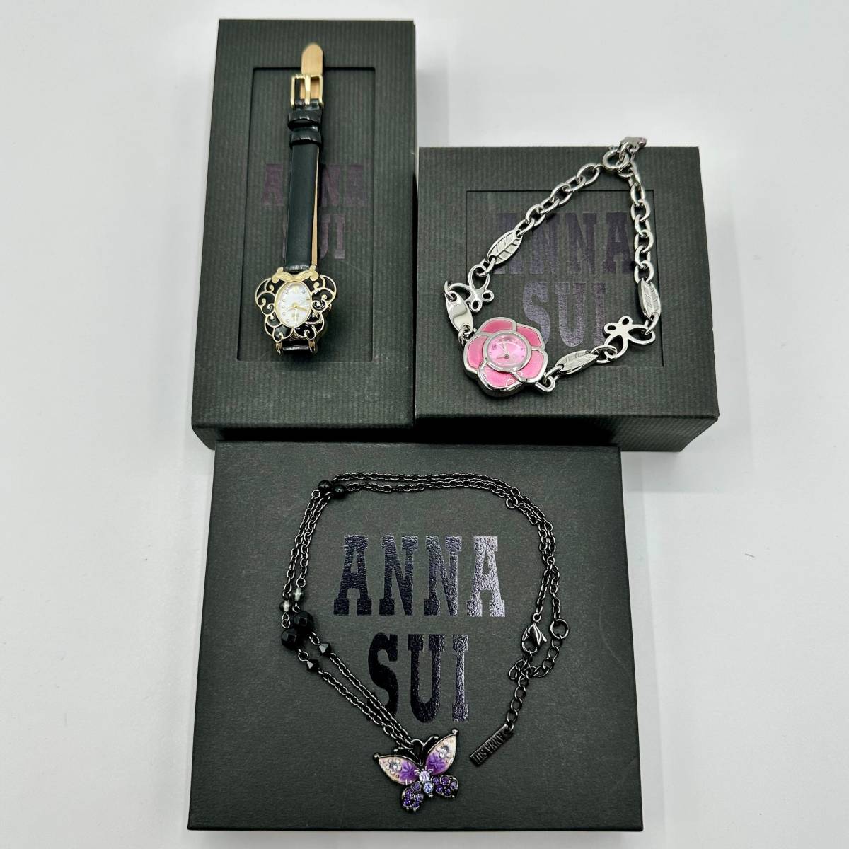 ANNA SUI アナスイ アクセサリー 3点 セット まとめて ネックレス 腕時計 ブレスレット 蝶 バタフライ ラインストーン 箱付 電池切れ 2905_画像1