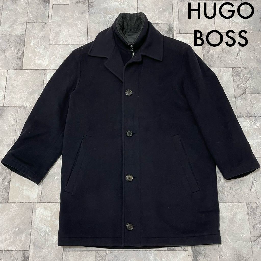 HUGO BOSS ヒューゴボス カシミヤ混 ウールコート スタンドカラー ジップアップ 大谷 ネイビー サイズ44(S相当) ユーロ 玉SS1406_画像1