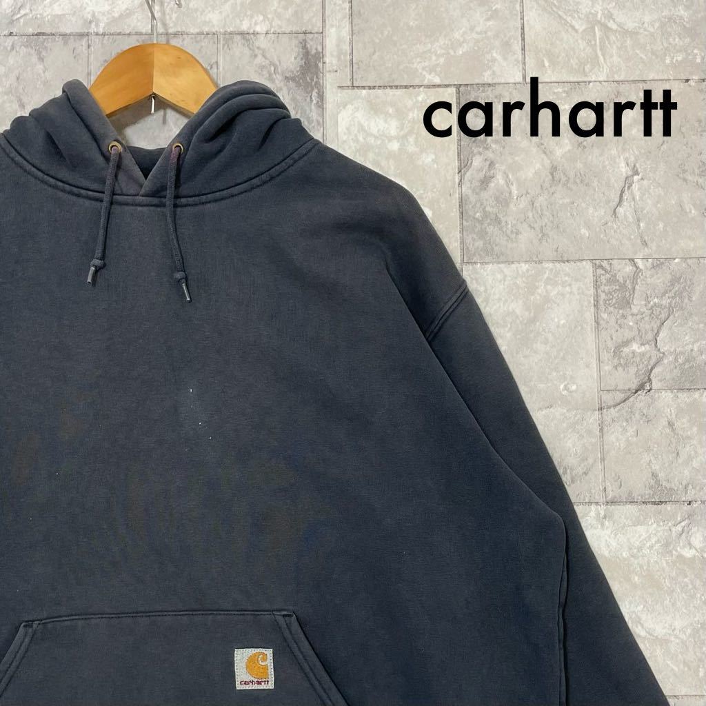 carhartt カーハート スウェットパーカー フード プルオーバー USA企画 刺繍ロゴ 00s y2k ビッグシルエット フェード ブラック 玉FL3336