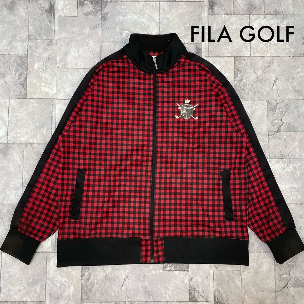 FILA GOLF フィラゴルフ ジップアップジャケット チェック柄 刺繍ロゴ オーバーサイズ レッド サイズ2XL 玉SS1431_画像1