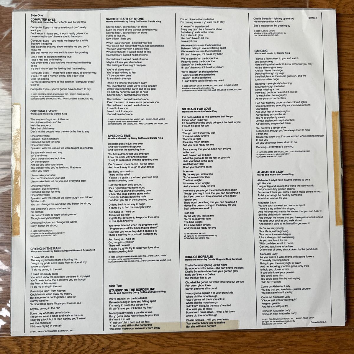 【中古レコード】CAROLE KING / SPEEDING TIME (80118-1) USA盤_画像4