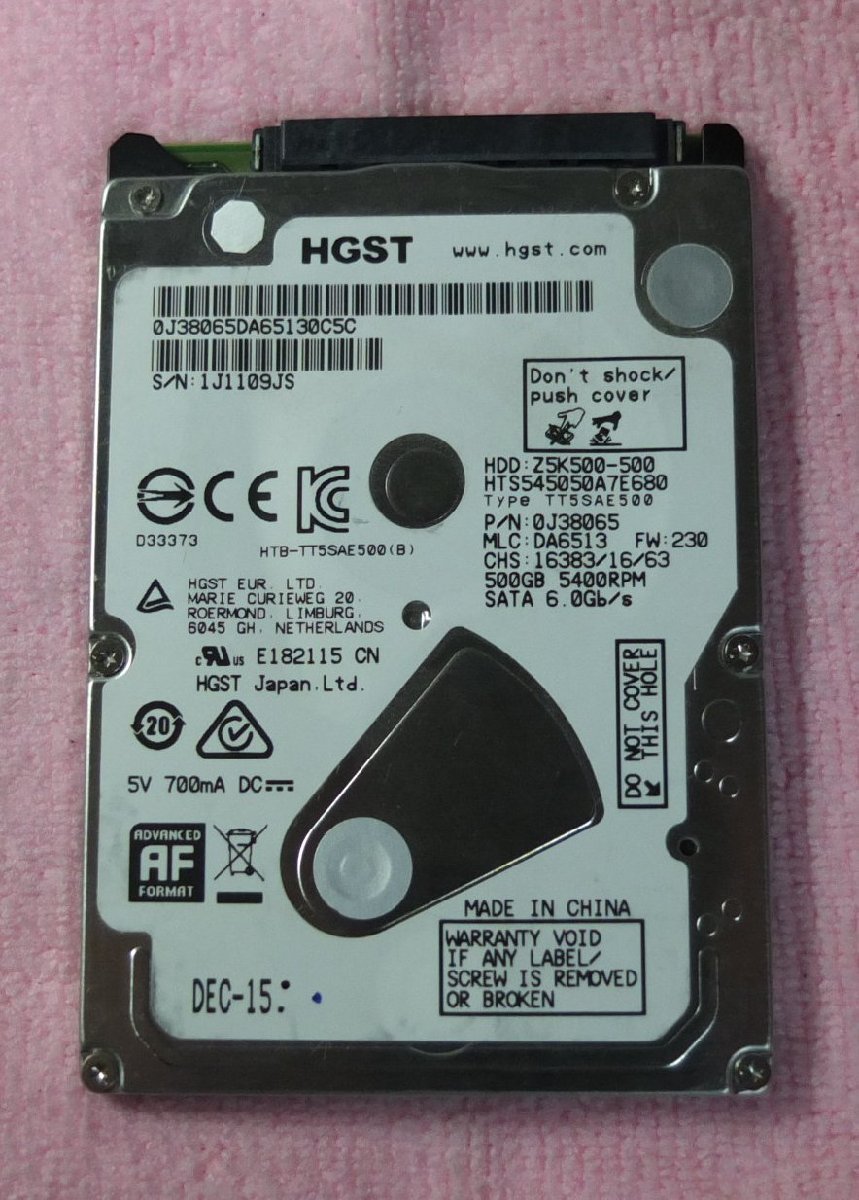 HGST 2.5インチ HDD 500GB 7mm 使用時間 25,888H_画像1