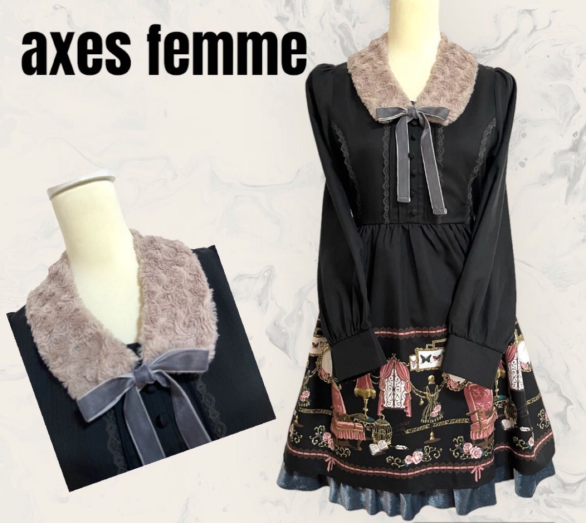 【axes femme】ワンピース  メルヘン柄　ファー付け襟　リボン　フリル