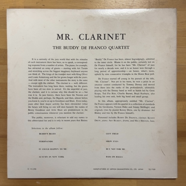 THE BUDDY DE FRANCO QUARTET MR. CLARINET (RE) LP_画像2